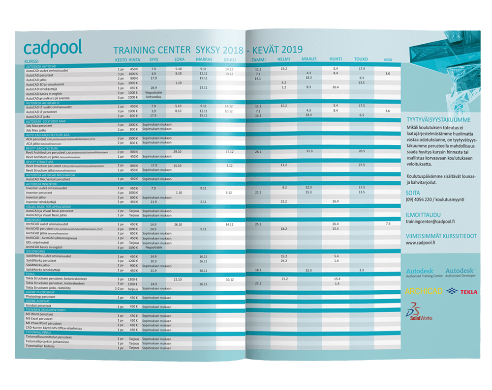 Cadpool Course Schedule 2018-2019 print design brochure inside